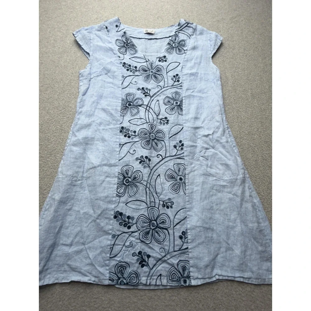 100% Lino Dress Womens Large Blue Embroidered Linen Boho Shift Pockets Italy - Picture 6 of 14